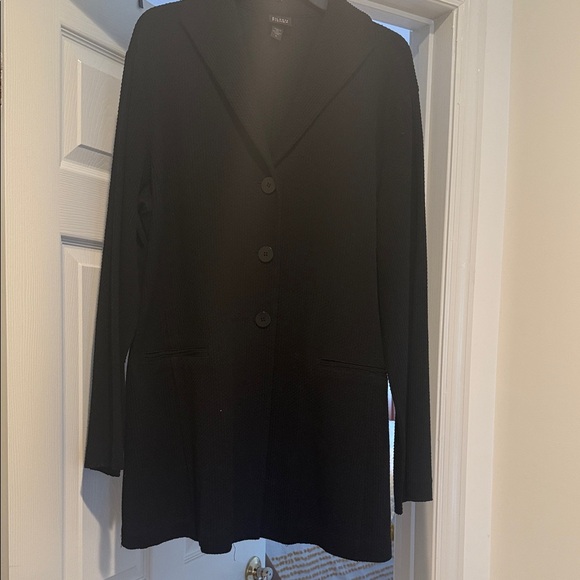 Eileen Fisher Minimalist black Long Coat Sophisticated Waffle textured finish XL - Picture 4 of 16